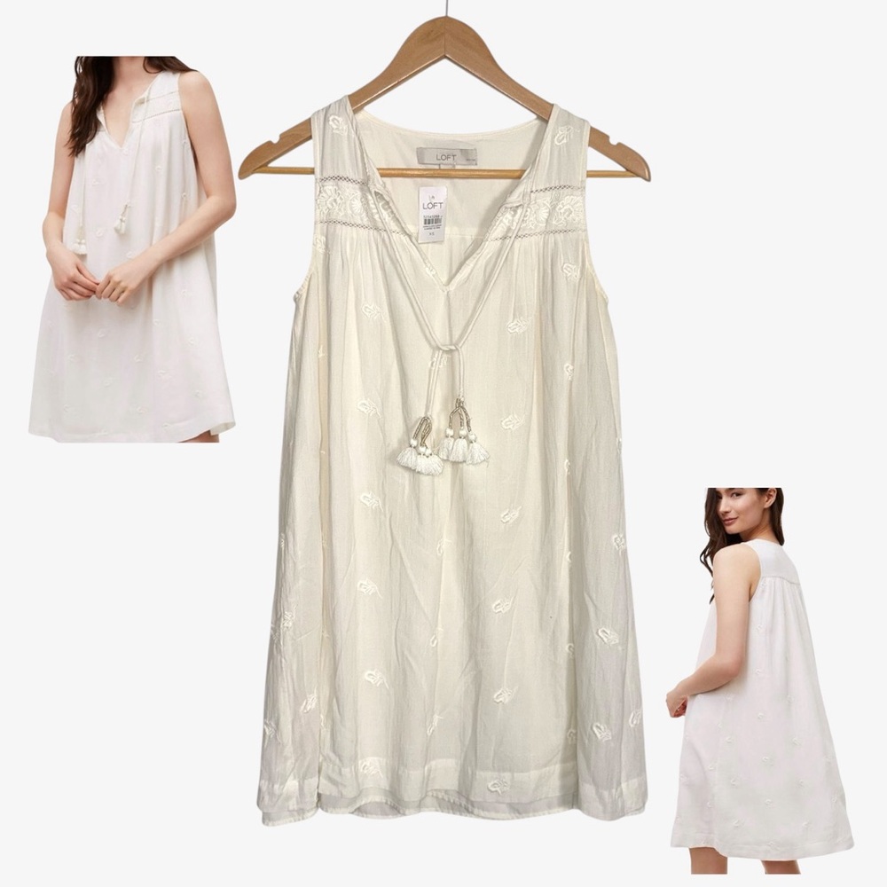 LOFT Sleeveless Tassel Tie Boho Embroidered Shift Dress White XS  NWT